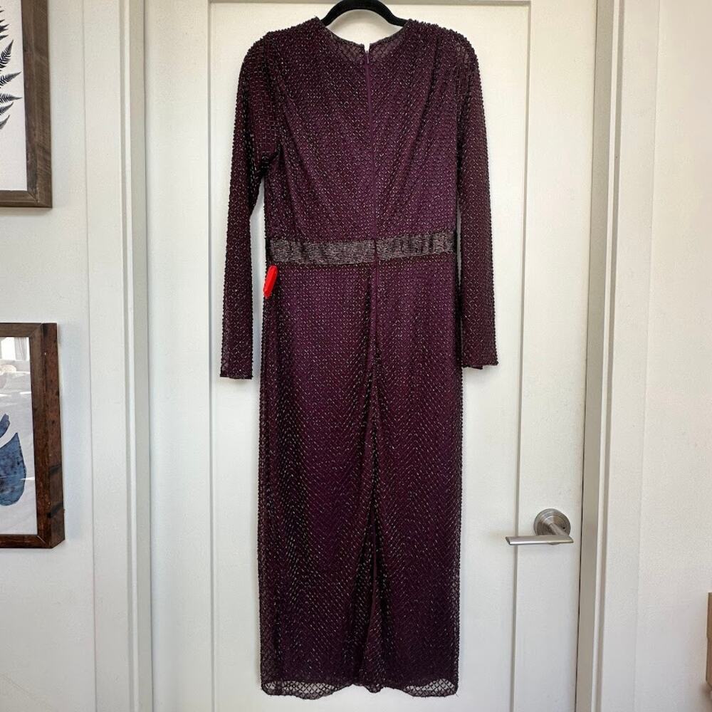 Mac Duggal Bugle Bead Long Sleeve Midi Dress – Eggplant Purple – Size 10 – NWOT - Picture 4 of 15